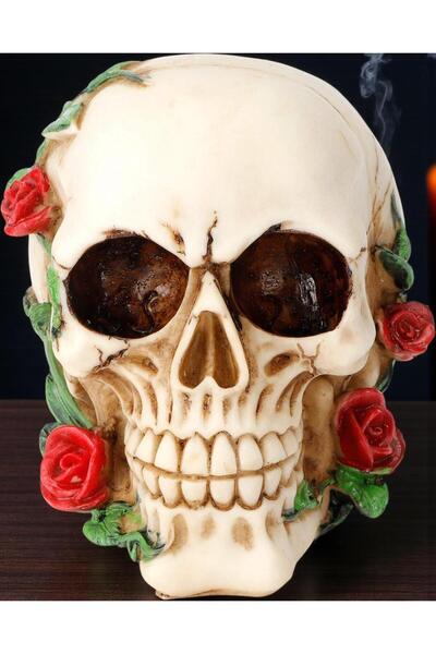 e-life shop Gotik Dizayn Gül Desenli Kafatası Biblo Dekoratif Kurukafa Heykel...