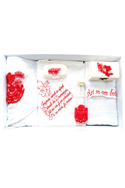 OEM Christening set, 7 pieces, White-Red, personalized with red embroidery 'Today I was baptized' - TPB-