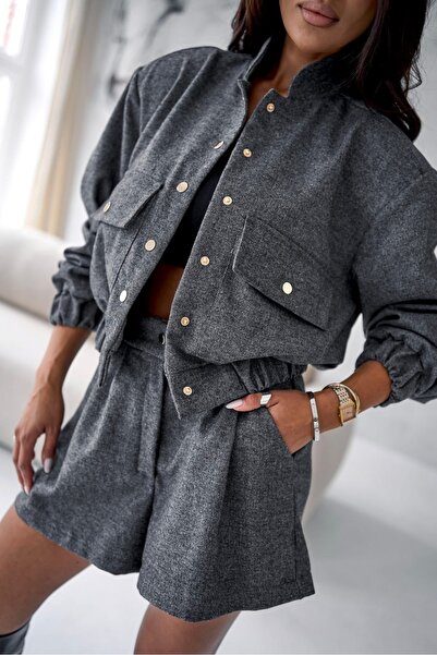 OLSAMODA Women's Loose Fit Shorts and Double Pocket Bomber Jacket Two-Piece Set