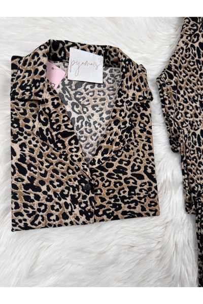 Pijamacs Kahverengi Leopar Desenli Süet Gömlek Yaka Uzun Kol Pijama Takımı