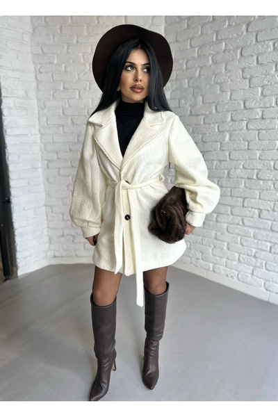 moneta boutique Women's Balloon Sleeve Lined Boucle Fabric Coat