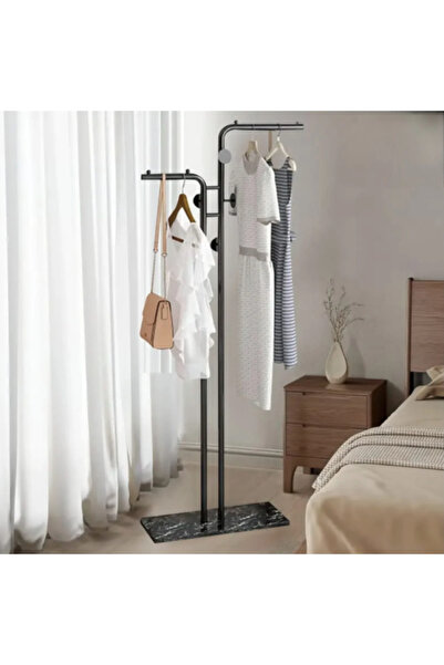 Un Luxury Metal Clothes Hanger with Marble Base - 2 Levels for Hanging Clothes and Bags in Modern Black Design