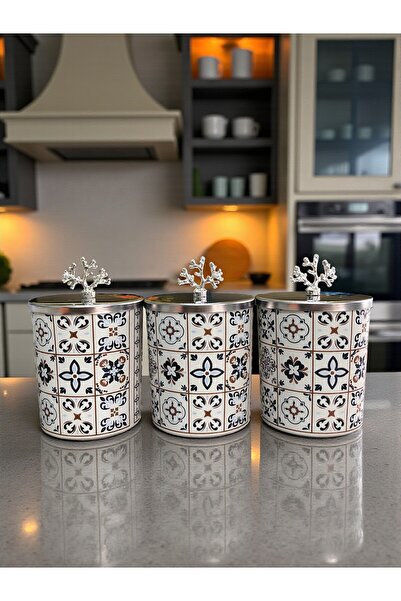 ferayhome Baharatlık Silindir 3 lü Metalli Kahve Köşesi Ceramic Desen 750 ml ...