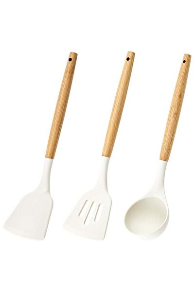 Generic Silicone Utensils for Non-stick Pan, Set of 3Pcs Wooden Handle Silicone Utensils, Silicone Spatula,