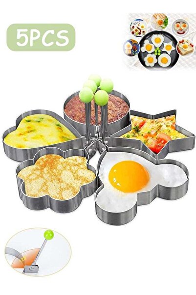 Generic MXN 5 PCS Stainless Steel Egg Molds, Egg Shaper Pancake Maker with Handle, Stainless Steel Pancake