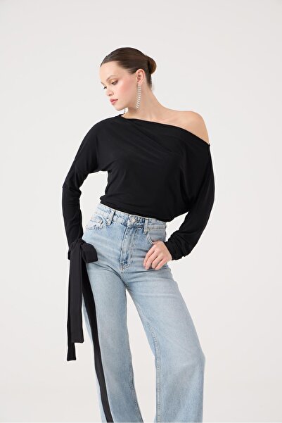 HOLLY LOLLY Asymmetrical Collar Talia Blouse Black