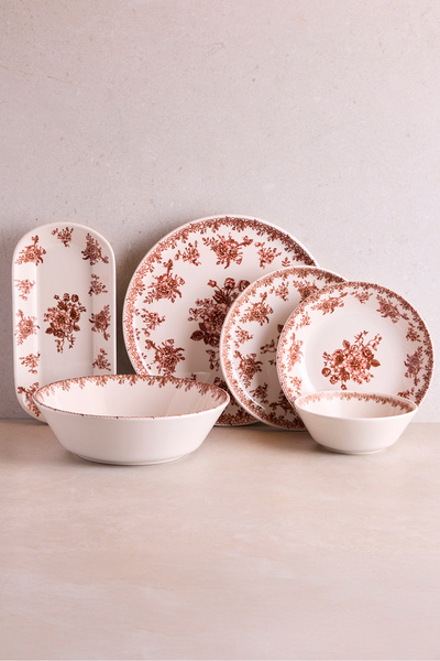 Perotti Antik Bordo 27 Parça 6 Kişilik Seramik Yemek Takımı Vintage Çiçek Desenli Yuvarlak Servis Seti