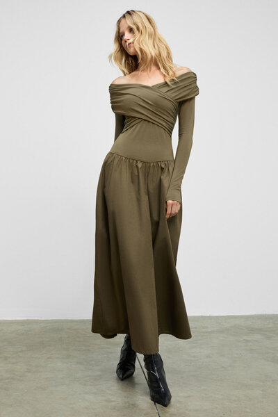 GRIMELANGE Fruendo Women's Asymmetrical Collar Top with Flexible Fabric Skirt Poplin Long Khaki Dress