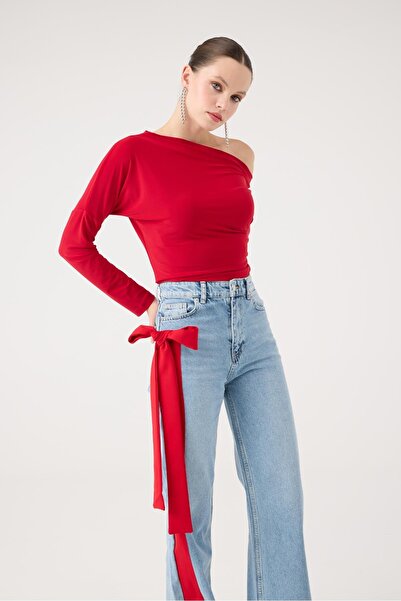 HOLLY LOLLY Asimetrik Yaka Talia Bluz Kırmızı