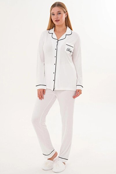 By Mecit Pijama Buttoned Women's Shirt Collar Long Sleeve Pajama Set 65% Cotton 35% Viscose
