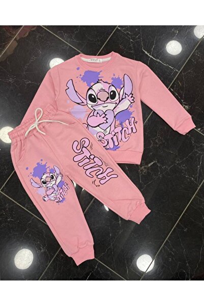 Aselin Kids طقم رياضي بناتي منقوش باللون الوردي من ستيتش، طقم علوي وسفلي