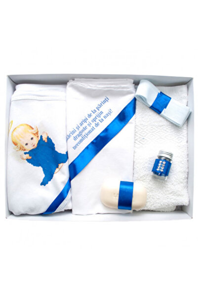 OEM Set botez, 6 piese personalizate cu text cu imprimeu - „Rădăcini și Aripi” - Înger Albastru - TPB-110