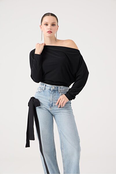 HOLLY LOLLY Asymmetrical Collar Talia Blouse Black