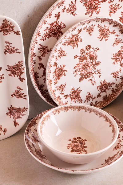 Perotti Antik Bordo 27 Parça 6 Kişilik Seramik Yemek Takımı Vintage Çiçek Desenli Yuvarlak Servis Seti