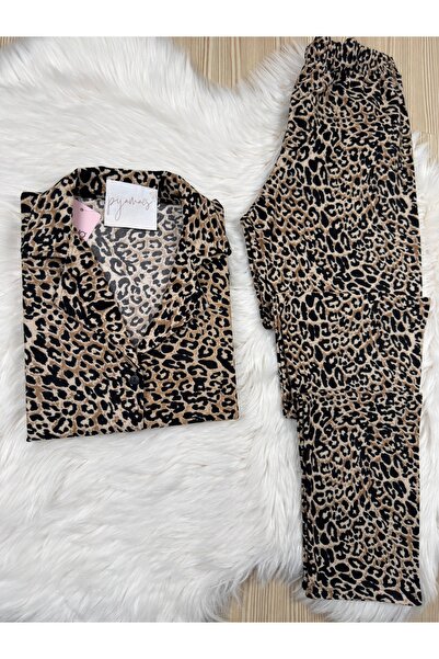 Pijamacs Kahverengi Leopar Desenli Süet Gömlek Yaka Uzun Kol Pijama Takımı