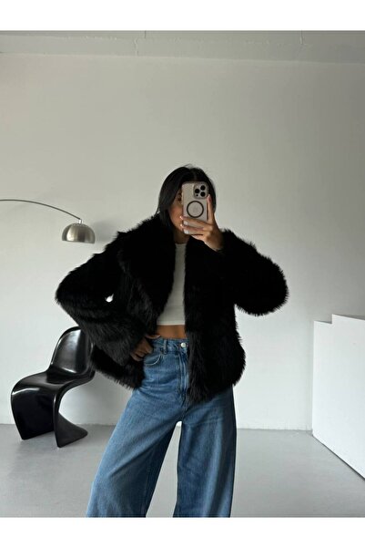 vuvutasarım Women's Shawl Collar Plush Fabric Fur Coat 52109001