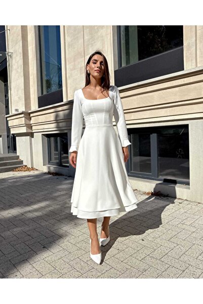 LARIETTE White midi dress with long sleeves, adjustable bodice, zipper + drawstring at the back, fully lined