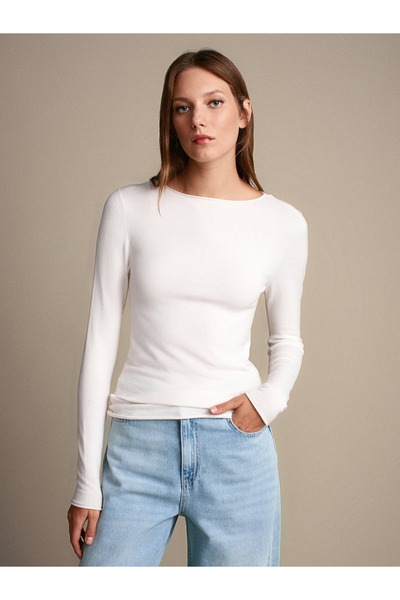 Dilvin 10840 Kayık Yaka Kaşmir Karışımlı Kazak-Ekru
