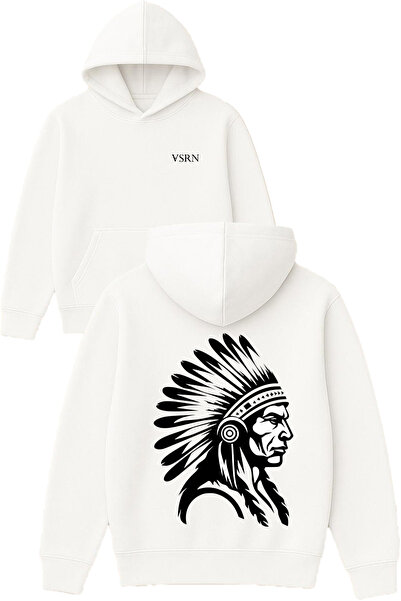 VSRN Sweatshirt alb supradimensionat cu glugă, imprimat cu design tribal indiyan