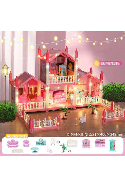 buz Casă de păpuși cu mobilă și accesorii multiple, interactivă, lumini