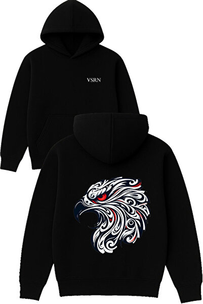 VSRN Red-Eyed Falcon Design Printed Oversized Black Hooded Sweatshirt