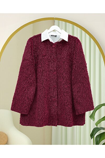 Modamorfo Bearded Jacket with Scarf Detail and Buttoned Front - Burgundy