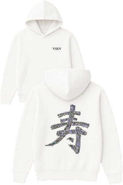 VSRN Sweatshirt alb supradimensionat cu glugă, cu design cu litere japoneze i...