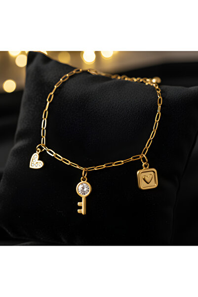 BANEDETTA Yeni Sezon Anahtar ve Kalp Charm Trend Zirkon Taşlı Çelik Halhal