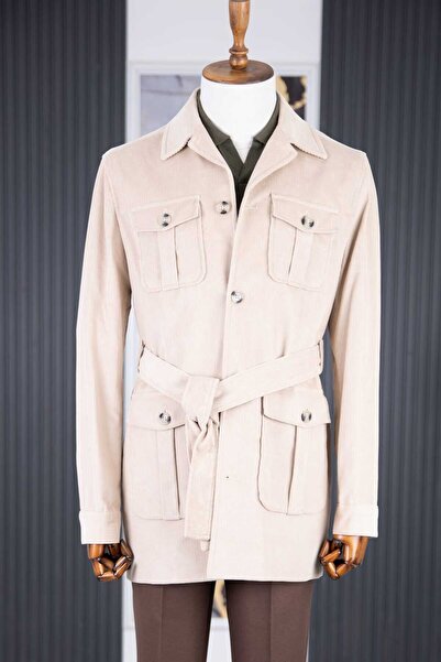 HC MEN CLASSIC Erkek Modern Fit Safari Tarz Ceket Yaka Trençkot Kuşaklı Kadif...