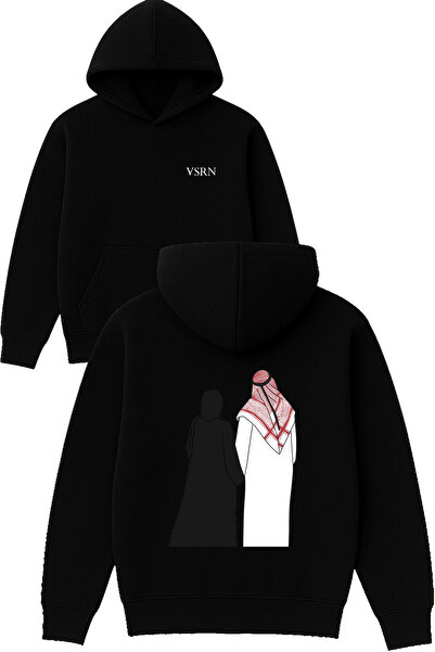 VSRN تصميم العائلة السعيدة مطبوع قصة فضفاضة سويت شيرت أسود بغطاء رأس