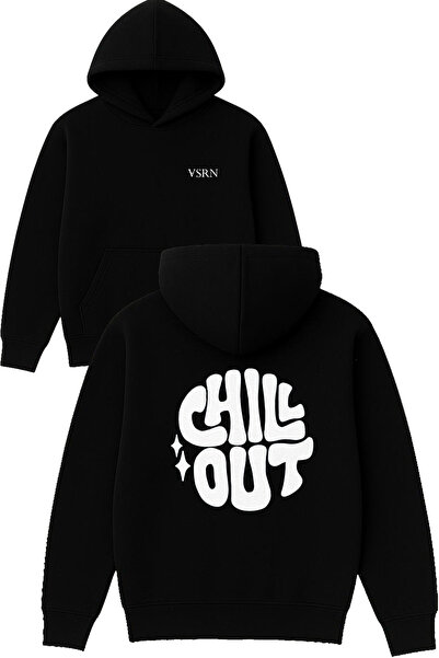 VSRN Hanorac negru supradimensionat cu glugă, cu imprimeu Chill Out Design