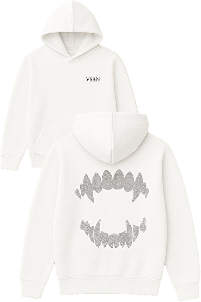 VSRN تصميم أسنان مصاصي الدماء الماسية مطبوع قصة فضفاضة سويت شيرت أبيض بغطاء رأس