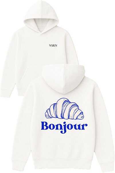 VSRN بونجور ديزاين مطبوع قصة فضفاضة سويت شيرت أبيض بغطاء رأس