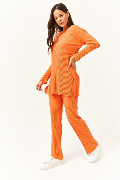 Olalook Women's Orange Corded Fabric Bottoms and Tops Set Tkm-19000457