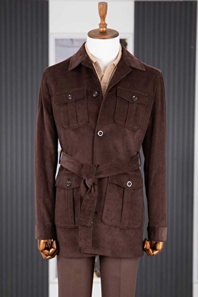 HC MEN CLASSIC Erkek Modern Fit Safari Tarz Ceket Yaka Trençkot Kuşaklı Kadif...