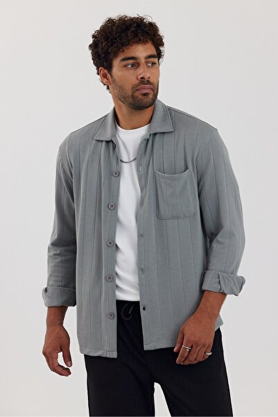 İLKCET MODA Men's Gray Regular Shirt with Front Pocket