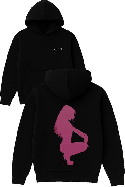 VSRN Hanorac negru oversize cu glugă, cu imprimeu, pentru femei, roz