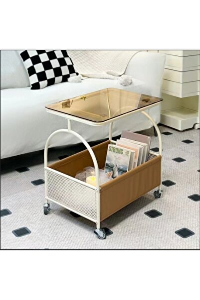 Razo portable storage table – glass top, metal frame, 360° wheels, modern design (New)