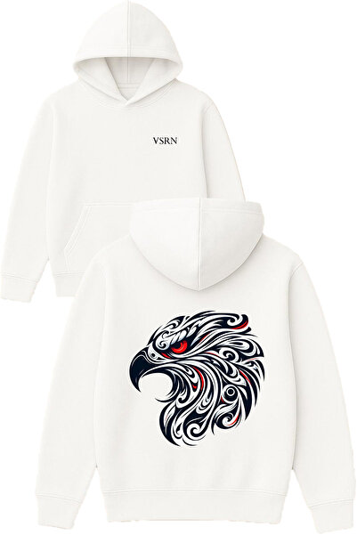 VSRN Red-Eyed Falcon Design Printed Oversized White Hooded Sweatshirt