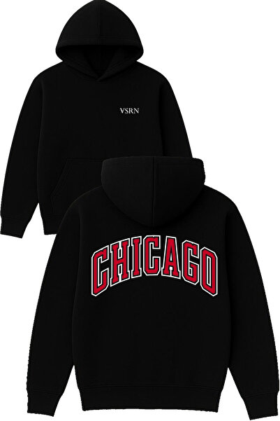 VSRN Hanorac negru supradimensionat cu glugă, cu imprimeu Chicago Red Design