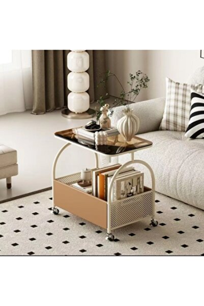 Razo portable storage table – glass top, metal frame, 360° wheels, modern design (New)