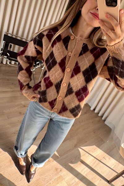 Sue Store Salmon Burgundy Baklava Patterned Buttoned Wool Cardigan