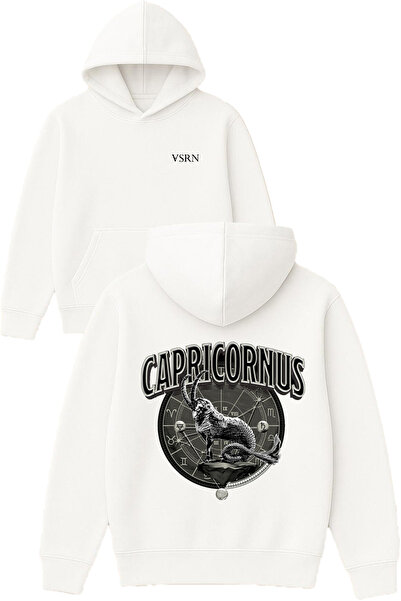 VSRN Hanorac alb supradimensionat cu glugă, cu imprimeu Capricornus Design