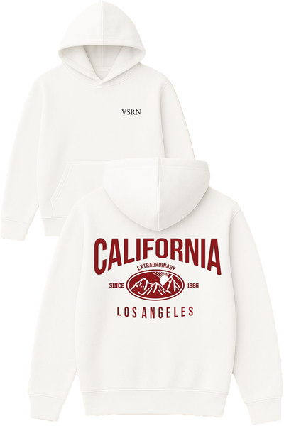 VSRN كاليفورنيا لوس أنجلوس تصميم أحمر مطبوع قصة فضفاضة أبيض بغطاء رأس سويت شيرت