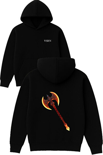 VSRN Bluză de trening oversize neagră cu glugă, cu imprimeu design  "Axe of F...