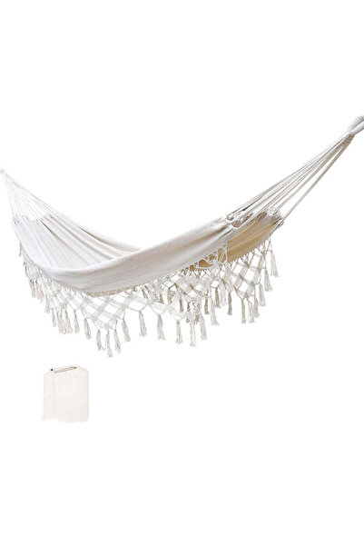 buz Double Cotton Hammock with Fringes, Carrying Pouch and Ropes, 200 x 150 cm