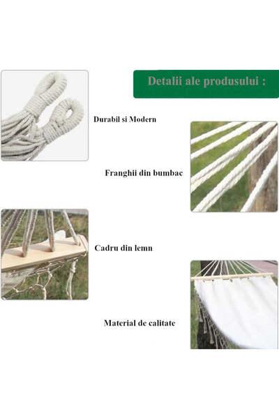 buz Garden/Terrace Hammock with Fringes, Wooden Frame, Cream, 80 x 200