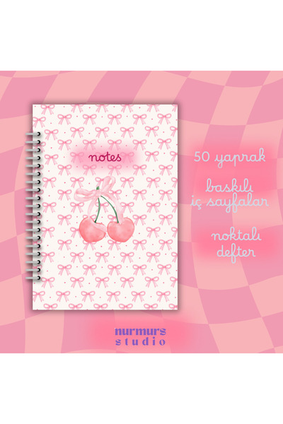 Nurmurs Kirazlı Kurdeleli Pembe temalı noktalı defter