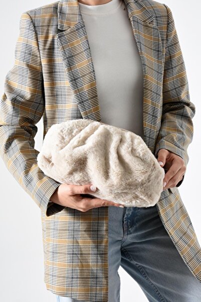 bahwar Krem Peluş El ve Omuz Çantası