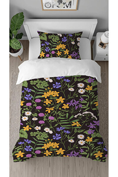 GREENDECOR Flori Frunze Colorate Negru cu model cu imprimeu Set de lenjerie d...